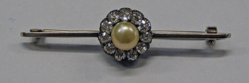 LATE 19TH CENTURY PEARL & DIAMOND CLUSTER BAR BROOCH, THE CENTRAL PEARL APPROX 6.