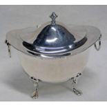 SILVER OVAL LIDDED TEA CADDY WITH RING HANDLES ON PAW FEET - 165G