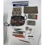 SELECTION OF VARIOUS FOUNTAIN PENS, EVENING PURSES, CYMA WRISTWATCH,