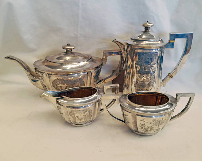 LATE 19TH CENTURY CHINESE SILVER 4 PIECE TEA SERVICE DECORATED WITH FLOWERS & DRAGONS MAKERS MARK