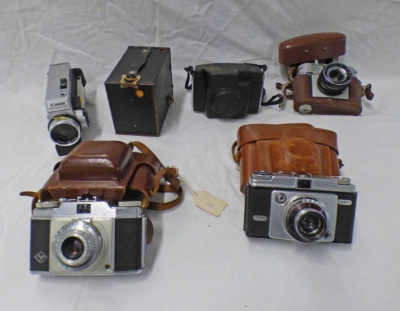 SELECTION OF 6 CAMERAS/CAMCORDERS TO INCLUDE HALINA ROLLS WITH 45 MM LENS,