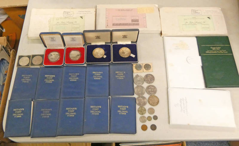 SELECTION OF VARIOUS COINS & MEDALS TO INCLUDE 2 X 1969 PRINCE OF WALES INVESTITURE SILVER MEDALS,