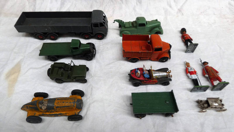 SELECTION OF PLAYWORN DINKY, ETC MODEL VEHICLES INCLUDING FODEN LORRY, JEEP,