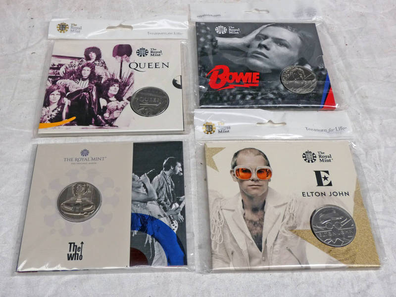 4 X ROYAL MINT MUSIC LEGENDS BU £5 COIN PACKS TO INCLUDE QUEEN, ELTON JOHN, THE WHO AND DAVID BOWIE,