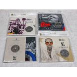 4 X ROYAL MINT MUSIC LEGENDS BU £5 COIN PACKS TO INCLUDE QUEEN, ELTON JOHN, THE WHO AND DAVID BOWIE,