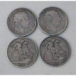 TWO 1819 GEORGE III CROWNS & TWO 1822 GEORGE IV CROWNS