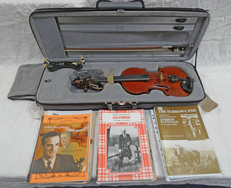 GABRIEL MAGNIERE 1884 TWO PIECE VIOLIN WITH VARIOUS SHEET MUSIC AND CASE