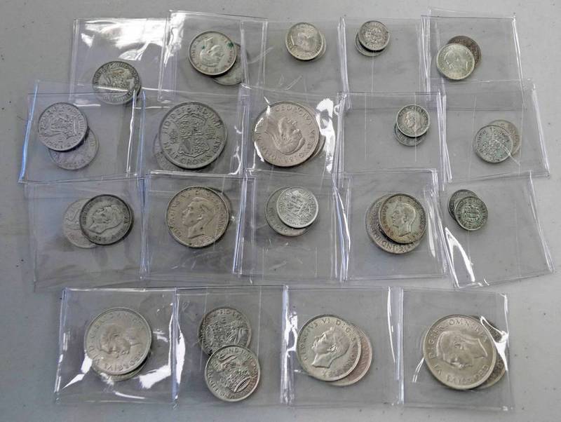 38 GEORGE VI COINS TO INCLUDE 5 HALFCROWNS, 7 FLORINS, 12 SHILLINGS,