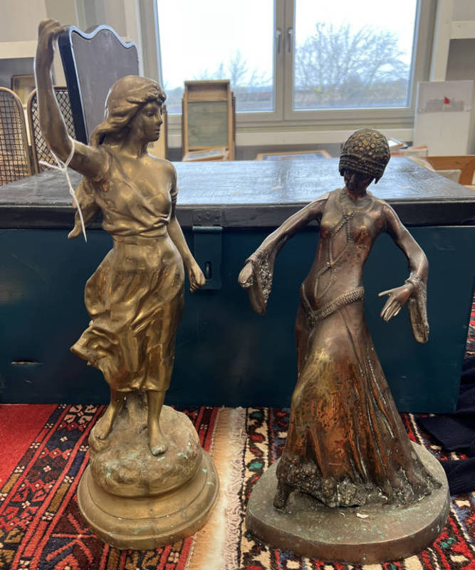 COPPER ART DECO FIGURE OF A WOMAN AND ONE OTHER -2- TALLEST IS 54CM