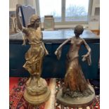 COPPER ART DECO FIGURE OF A WOMAN AND ONE OTHER -2- TALLEST IS 54CM