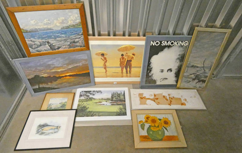 LARGE SELECTION OF PAINTINGS AND PICTURES TO INCLUDE JACK VETTRIANO, 'ON THE BEACH', FRAMED PRINT,