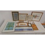 SELECTION OF PRINTS, EMBROIDERY, ETC, TO INCLUDE; WHISKY BARREL FRAMED PICTURE OF SUNSET OVER CITY,