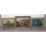 3 GILT FRAMED OIL PAINTINGS, THOMAS CRESWICK, COWS BY THE RIVER, LABEL TO REVERSE, D COURAGE,