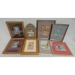 VARIOUS FRAMED ORIENTAL PICTURES TOGETHER WITH A METAL FRAMED MIRROR, INLAID WITH BONE,