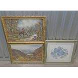 3 FRAMED PRINTS TO INCLUDE; S R PERCY 'CROFTER'S IN THE HIGHLANDS' GILT FRAMED,