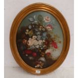 SILL LIFE OF FLOWERS, UNSIGNED, OVAL GILT FRAMED OIL ON BOARD,