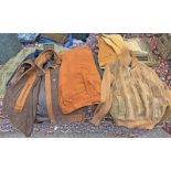 SELECTION OF MEN'S CLOTHING TO INCLUDE GLENGARNOCK ORANGE CORDS, LEATHER GILLET, SUIT JACKETS,