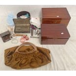 2 MAHOGANY JEWELLERY BOXES WITH FITTED INTERIOR, ORIENTAL METAL BOX, HAND BAG, WHISTLES,