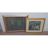 DEIDRIE COOKE, THE TWINS, FRAMED COLOUR CHARCOAL DRAWING, LABEL TO REVERSE, 44 X 64 CM,