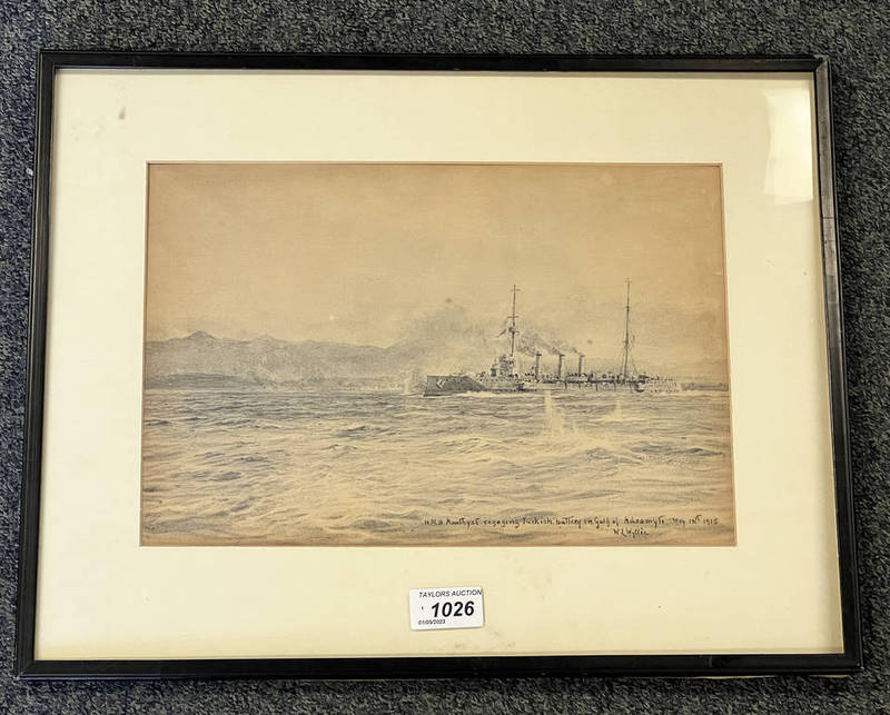 WILLIAM LIONEL WYLLIE, HMS AMETHYST AT SEA SIGNED FRAMED PENCIL, INK & CHARCOAL DRAWING 21.5 X 31.