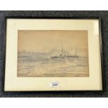 WILLIAM LIONEL WYLLIE, HMS AMETHYST AT SEA SIGNED FRAMED PENCIL, INK & CHARCOAL DRAWING 21.5 X 31.