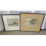 JACKSON SIMPSON, 2 FRAMED ETCHINGS, THE LANDING NET, SIGNED, 16 X 24 CM, & THE CROFT,