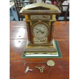 20TH CENTURY FRENCH BRASS MANTLE CLOCK WITH PAINTED ENAMEL DIAL WITH BIRD DECORATION CLOCK KEYS &