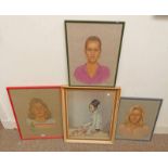 3 FRAMED PORTRAITS OF SPANISH LADIES, PENCIL DRAWINGS, ALL SIGNED INDISTINCTLY, & 1 OTHER.