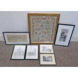 SELECTION OF PICTURES TO INCLUDE; ARTISTS PROOF EMBROIDERY, VARIOUS ENGRAVINGS & PRINTS OF CASTLES,