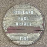 WHISKY BARREL LID MARKED "HIGHLAND PARK ORKNEY 1992",