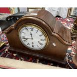 MAHOGANY MANTLE CLOCK WITH WHITE ENAMEL DIAL,