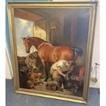 AFTER LANDSEER BLACKSMITH'S FORGE UNSIGNED GILT FRAMED OIL PAINTING 123 X 99 CM Condition