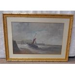 GILT FRAMED OIL PAINTING OF FISHING BOAT LEAVING HARBOUR,