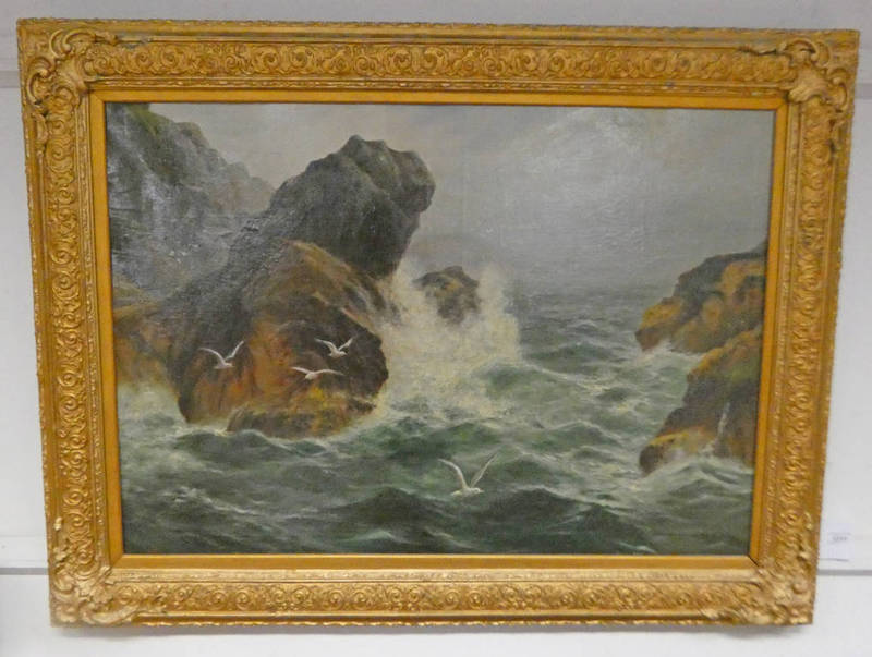 PETER GRAHAM 'SEAGULL'S AT THE CLIFFS' SIGNED GILT FRAMED OIL PAINTING 96 CM X 70 CM