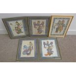 SELECTION OF FRAMED ORIENTAL PICTURES OF DANCING FIGURES, PAINTED ON FABRIC.
