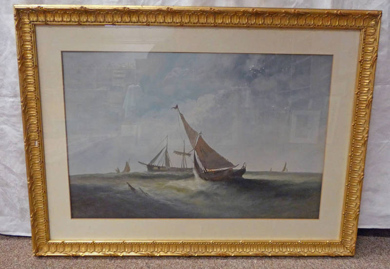 GILT FRAMED OIL PAINTING OF FISHING BOATS AT SEA,