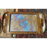 SERVING TRAY WITH PARQUETRY INLAID BORDER SURROUNDING ENTOMOLOGY / INSECT WING PANEL,