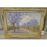 A THOMAS THE BLUE ROAD SIGNED GILT FRAMED OIL PAINTING 32.5 X 46.
