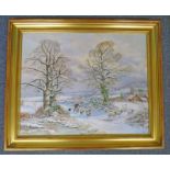 DAVID T MURTON, SNOWY TRAIL SCENE OF SHEPHERD AND SHEEP, SIGNED, GILT FRAMED OIL PAINTING,