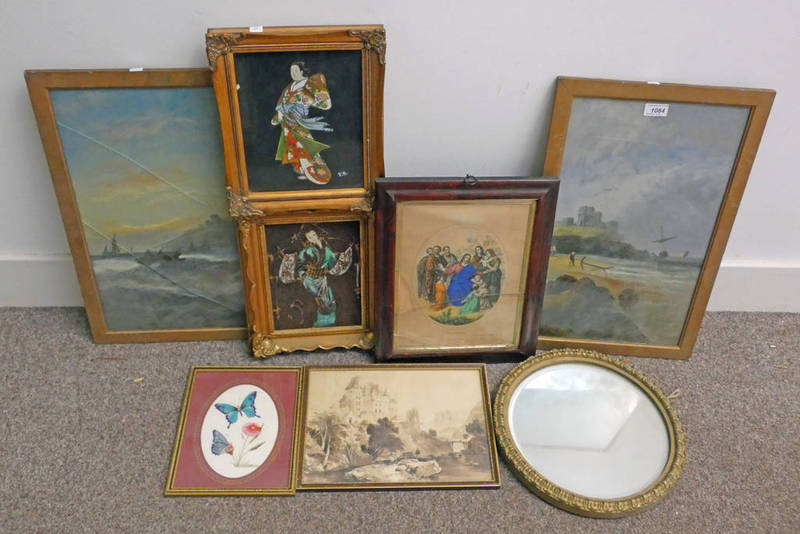 SELECTION OF FRAMED PAINTINGS ETC TO INCLUDE ; TWO PAINTINGS ON VELVET OF ORIENTAL FIGURES,