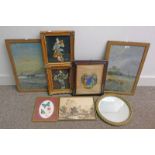 SELECTION OF FRAMED PAINTINGS ETC TO INCLUDE ; TWO PAINTINGS ON VELVET OF ORIENTAL FIGURES,