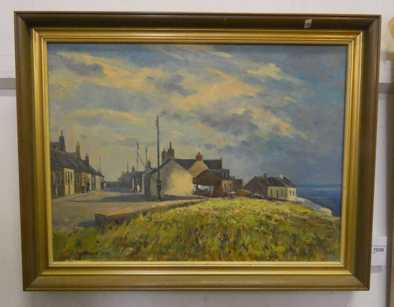 J HENDERSON HARBOUR TOWN SCENE SIGNED FRAMED OIL PAINTING 45 CM X 60 CM