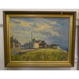 J HENDERSON HARBOUR TOWN SCENE SIGNED FRAMED OIL PAINTING 45 CM X 60 CM