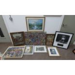 SELECTION OF FRAMED PICTURES INCLUDING 19TH CENTURY TAPESTRY MUHAMMAD ALI PRINT,