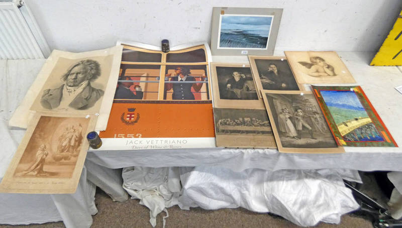 SELECTION OF UNFRAMED ENGRAVINGS, PRINTS, JACK VETTRIANO GALLERY POSTER ETC.