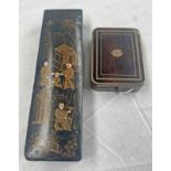 BRASS INLAID BOX WITH LIFT-UP LID WITH INITIAL & AN ORIENTAL BLACK LACQUERED RECTANGULAR BOX WITH