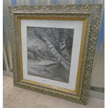 J R FRANKIE SAILING DOWN THE RIVER SIGNED GILT FRAMED PENCIL DRAWING 52 X 44 CM