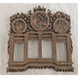 CHINESE CARVED WOODEN FRAME WITH 3 ROUNDEL'S OF FIGURES ON HORSE BACK,