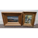 2 GILT FRAMED OIL PAINTINGS, 1 OF A BEACH SCENE, UNSIGNED, 17.