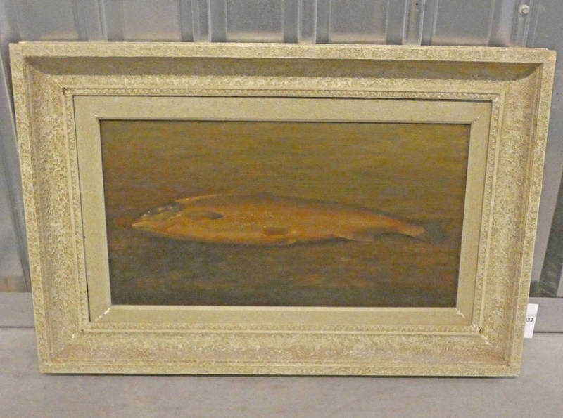 W S MYLES RAINBOW TROUT INDISTINCTLY SIGNED FRAMED OIL PAINTING 32 X 60 CM